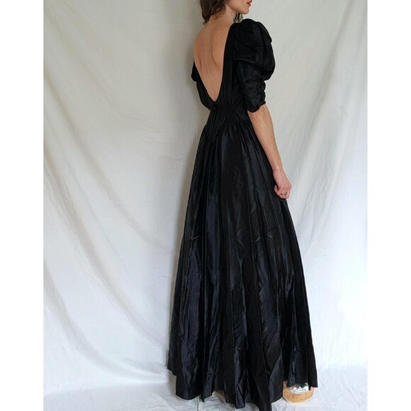 1980s Vintage Black Satin Puff Sleeve Prom Dress: Gothic Formal Gown, Womens M - Picture 8 of 13